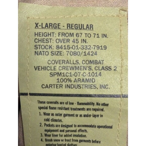 US Military Coveralls Mn X-Large Regular Army Combat Vehicle Crewmens FR Utility - Picture 9 of 10
